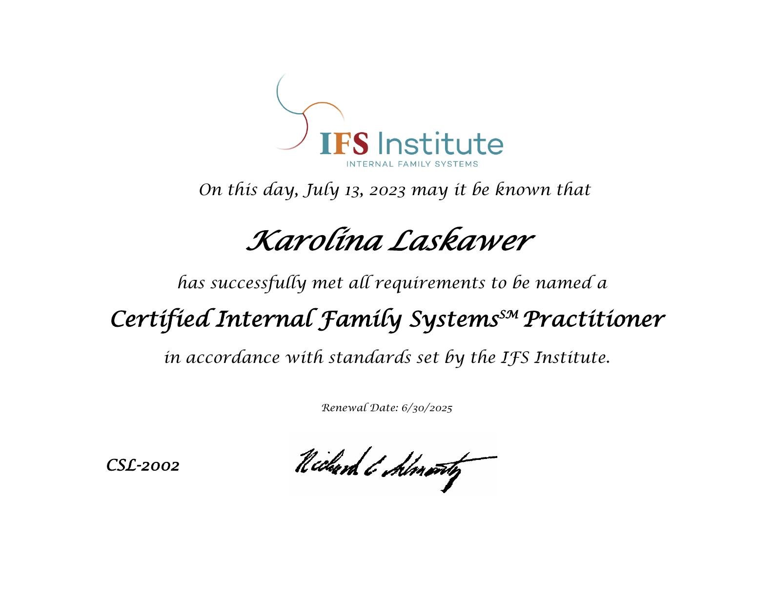 Certyfikat IFS Practitioner Karoliny Łaskawer