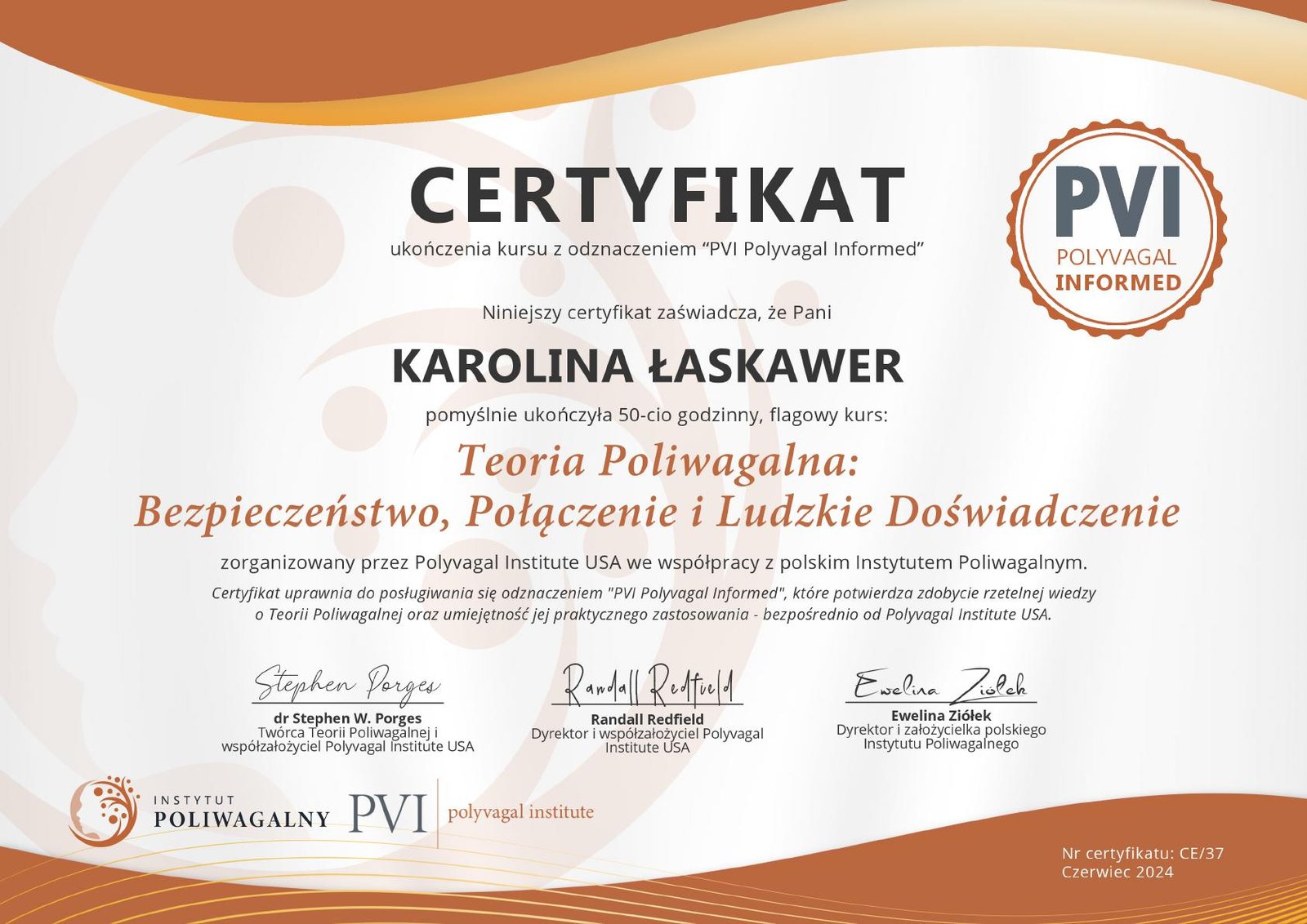 Certyfikat Teorii Poliwagalnej Karoliny Łaskawer